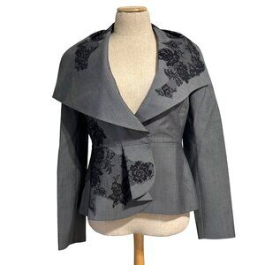 Valentino Gray Blazer With Black Lace Detail Made In Italy Size 10 Draped Collar